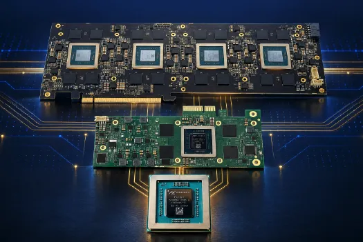 Europa 芯片与两块不同尺寸的 PCIe 加速卡并排陈列